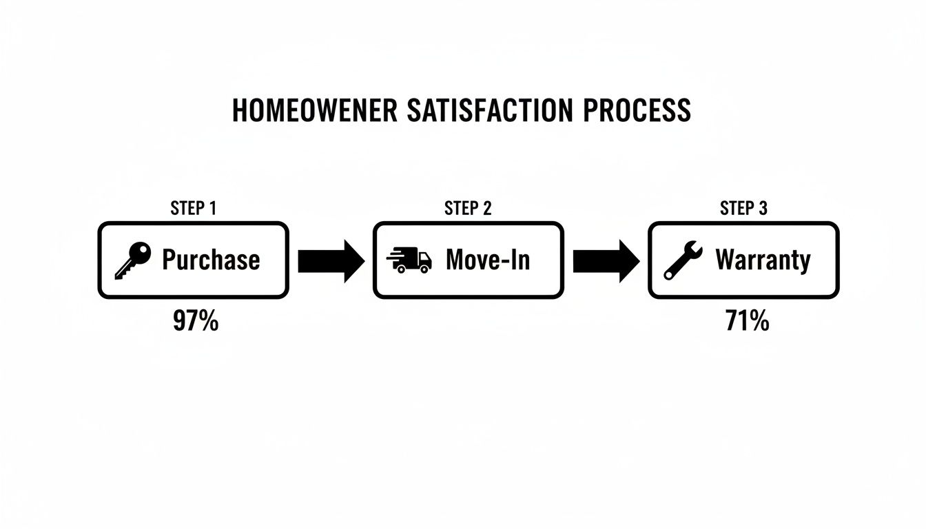 Flowchart illustrating homeowner satisfaction with purchase (97%), move-in, and warranty (71%) stages.