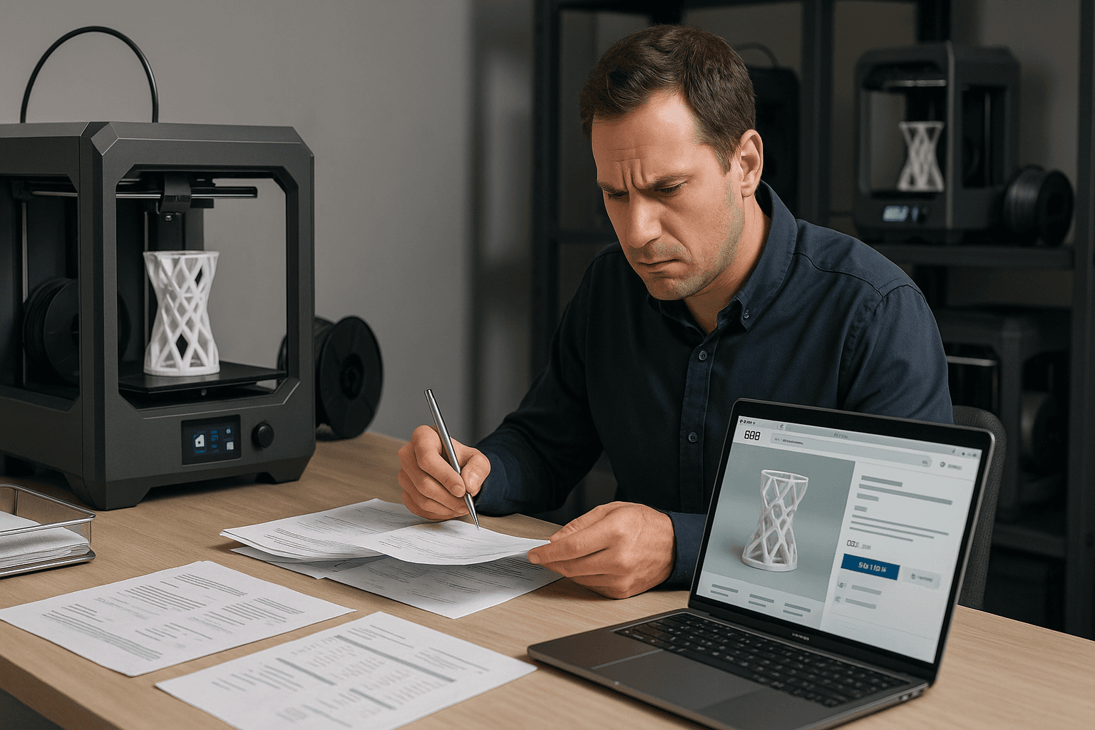 Ambiente de uma operação de impressão 3D com processos manuais lentos, mostrando papéis acumulados, impressoras em funcionamento e clima de atraso para ilustrar como a automação B2B pode evitar perda de vendas.