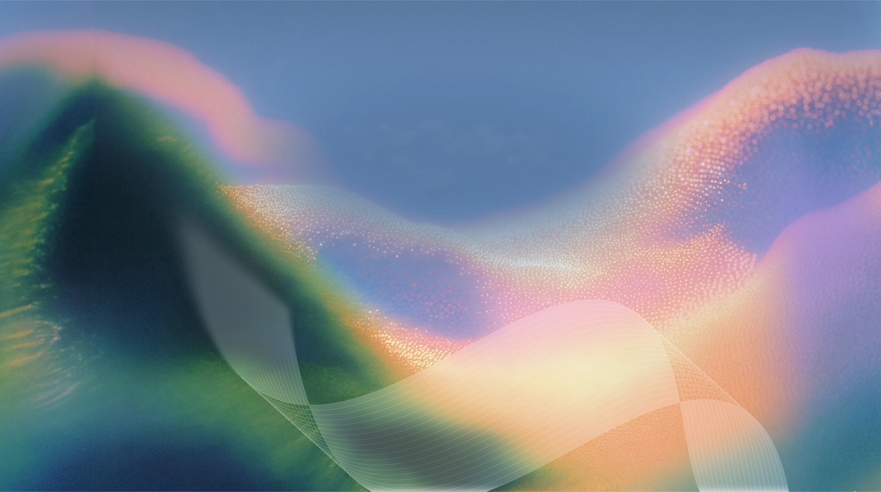 Abstract hero image with soft, undulating waves of blue, green, and pink gradients, subtly textured with fine white lines.