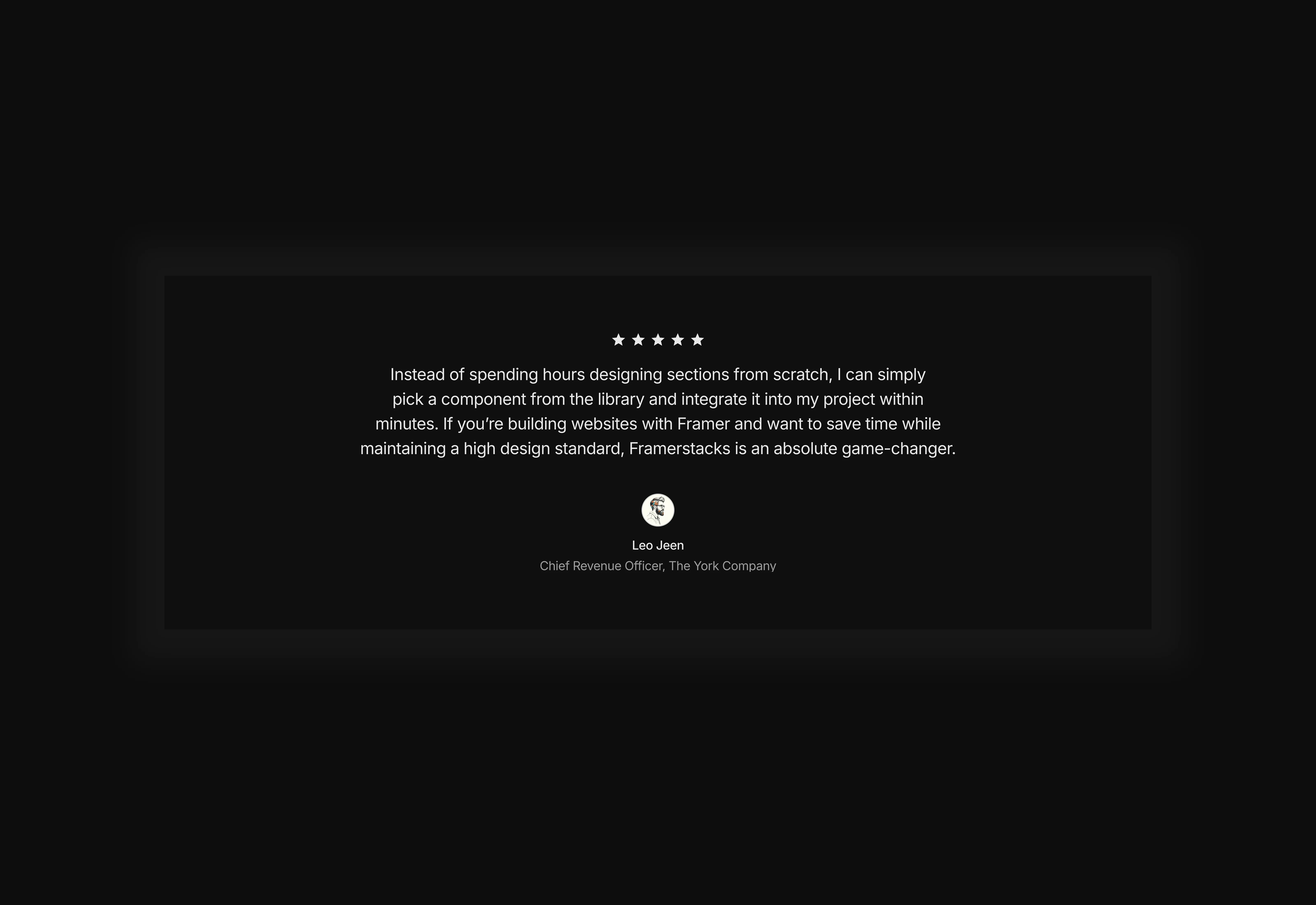 A dark themed very simple testimonials section with rating, comment, profile picture, name, and position. Optimized for desktop devices.