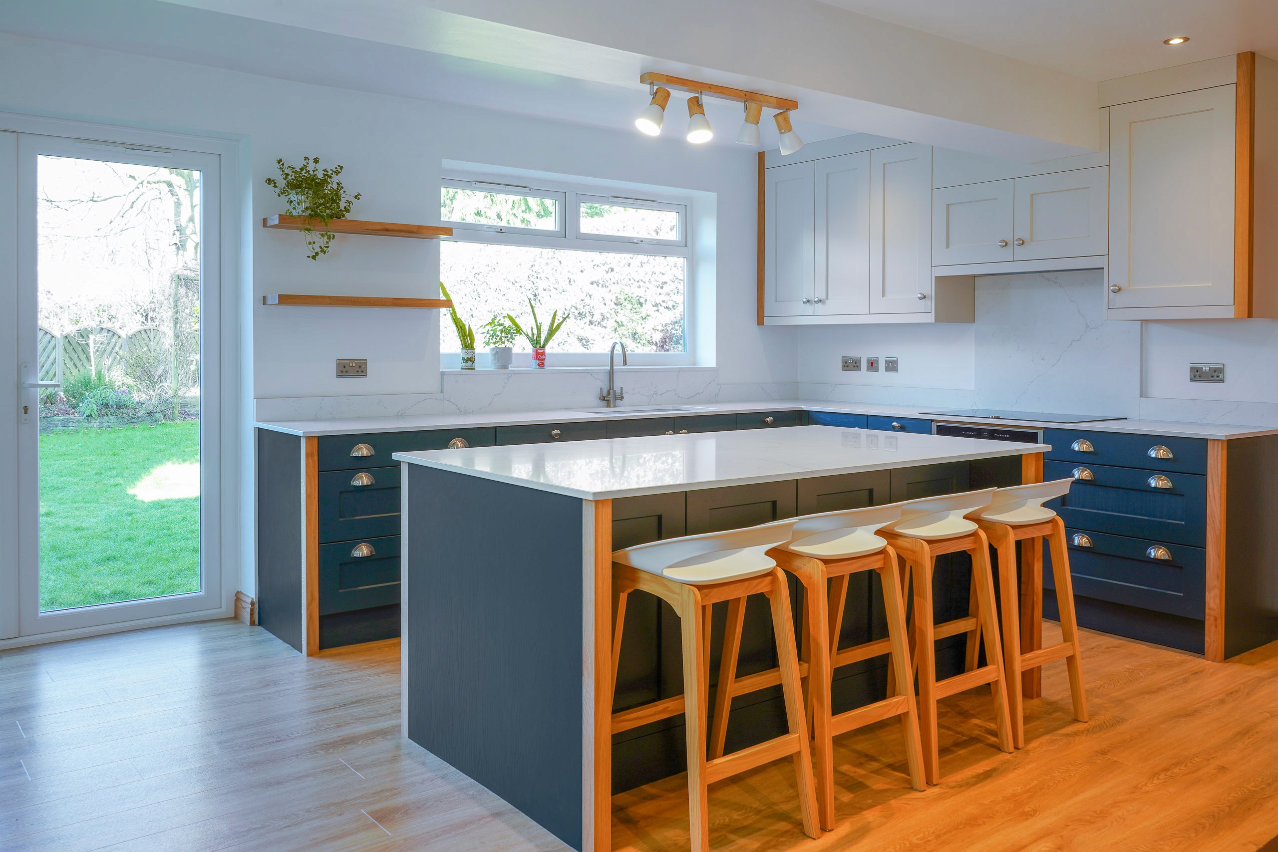 blue shaker kitchen with quartz worktops in chinley derbyshire