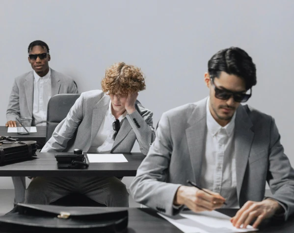 Three men in light gray suits and sunglasses are seated at black desks, one is writing while the other two appear tired or bored.