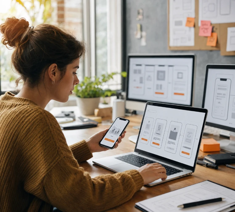Diseñador revisando el flujo de onboarding de una app de startup en laptop y móvil