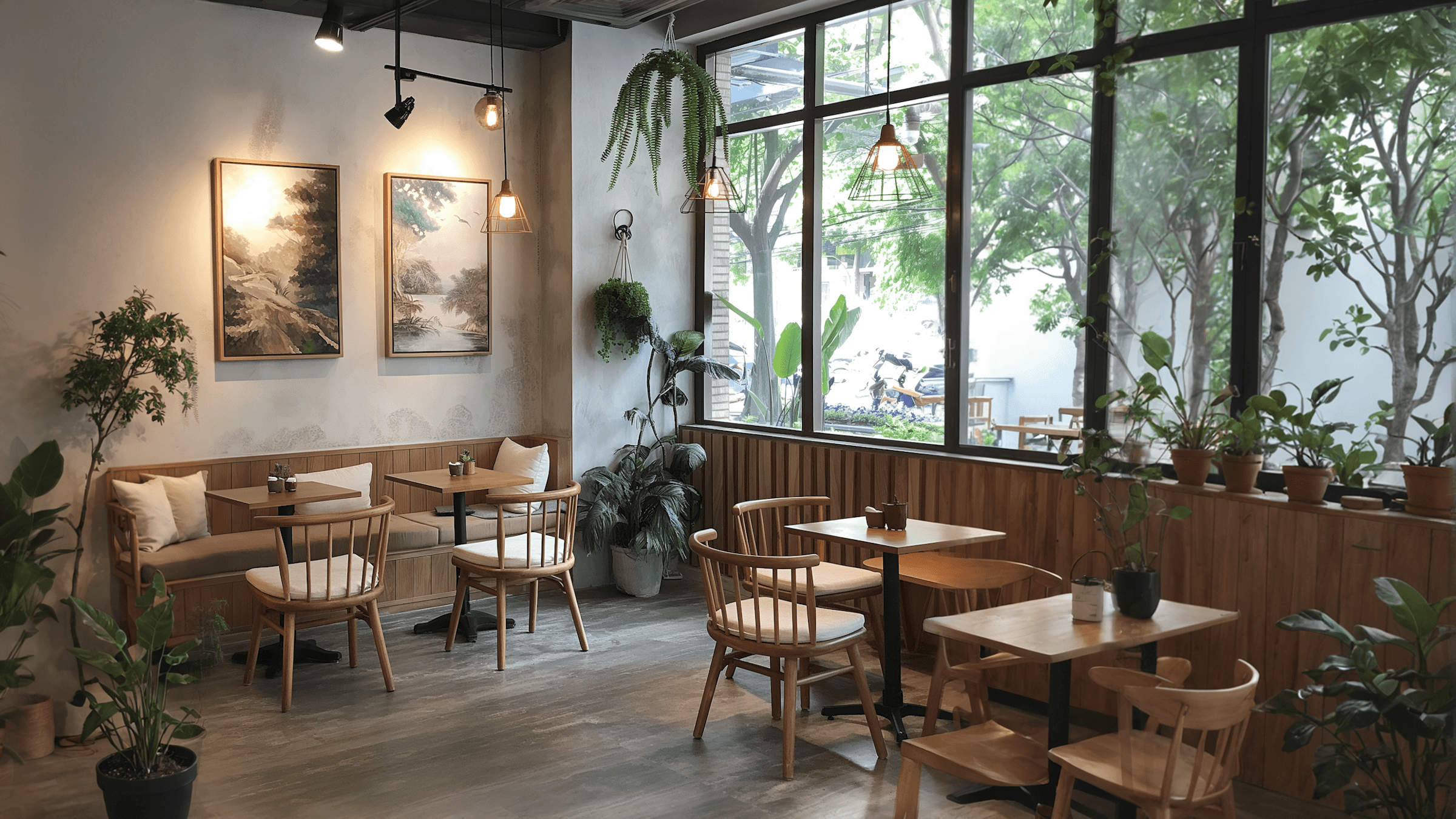 A cozy café interior featuring wooden tables, chairs, and large windows with green plants.