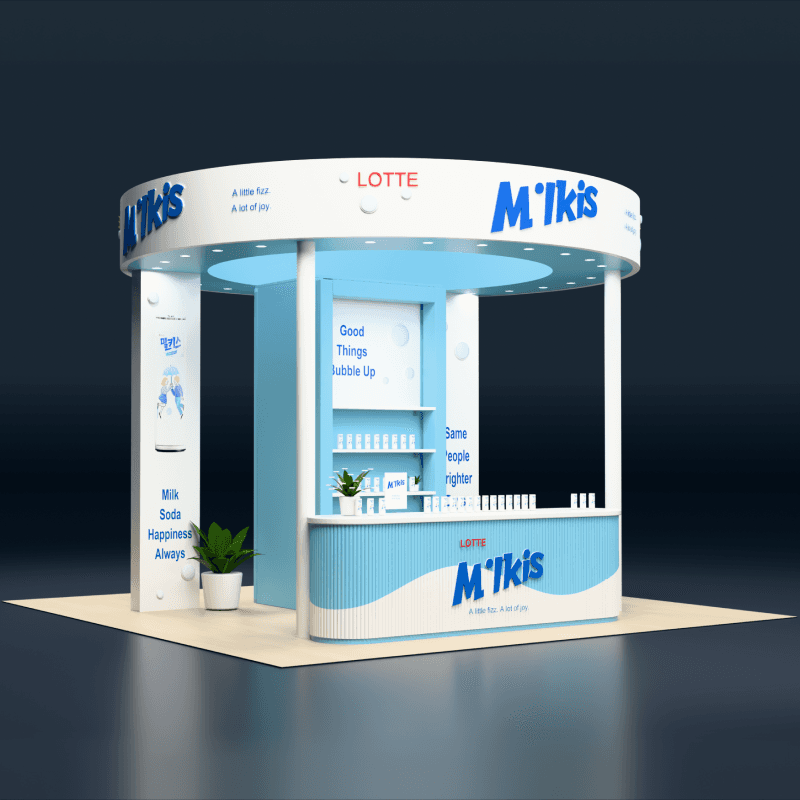20x20 drink sampling island exhibit with hospitality seating and integrated product storage
