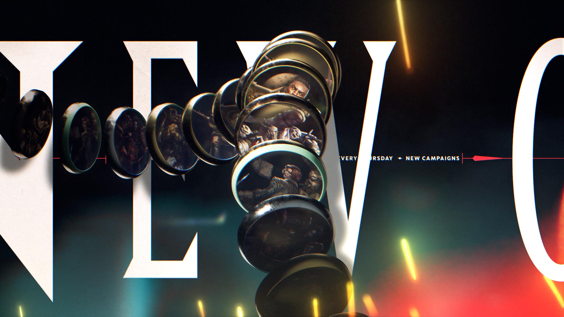 A close-up of tabletop tokents, with vibrant colors and bold text in the background.