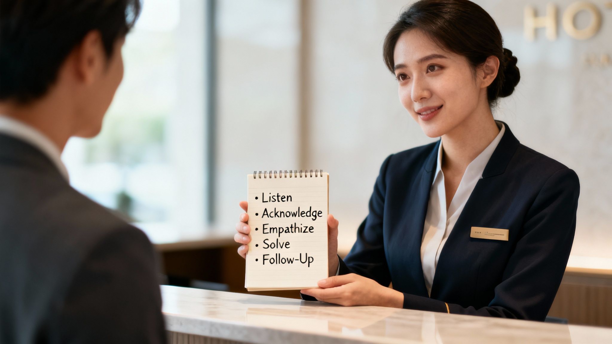 A hotel receptionist holding a notepad with steps for handling customer complaints while talking to a guest.