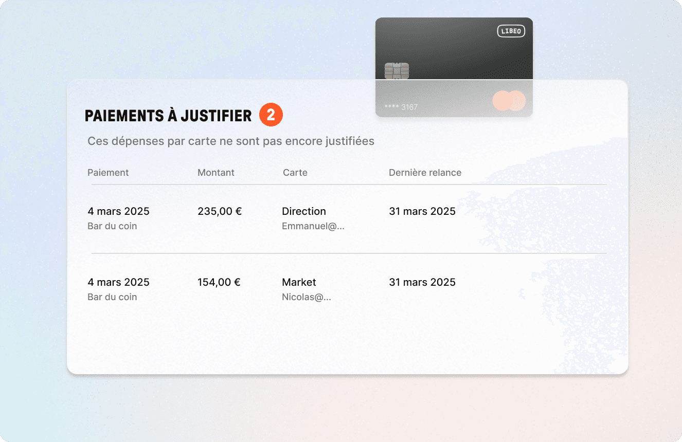 Tableau de bord Libeo avec les paiements à justifier