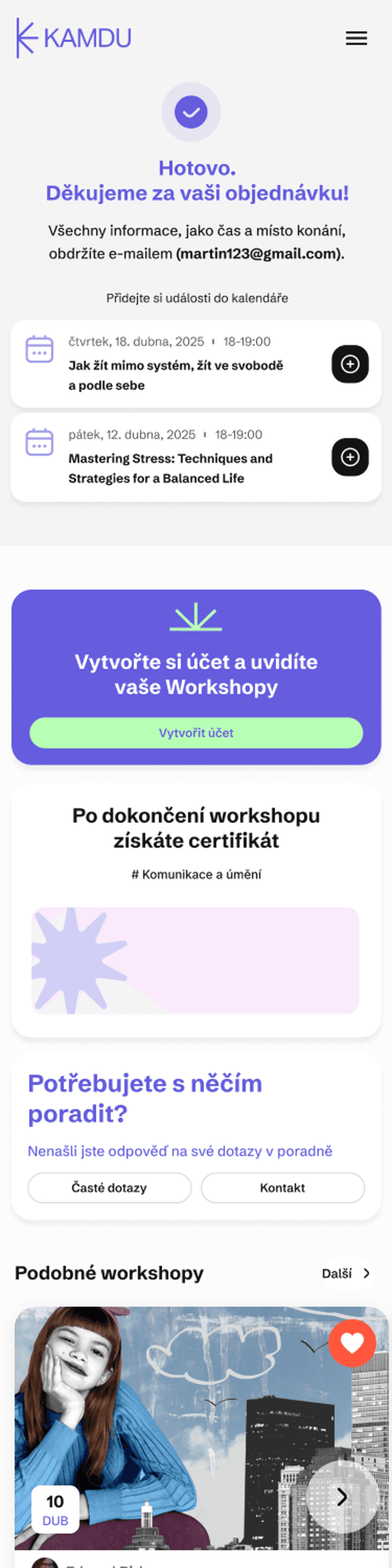 Děkovací stránka s přidáním do kalendáře, výzvou k vytvoření účtu a certifikátem