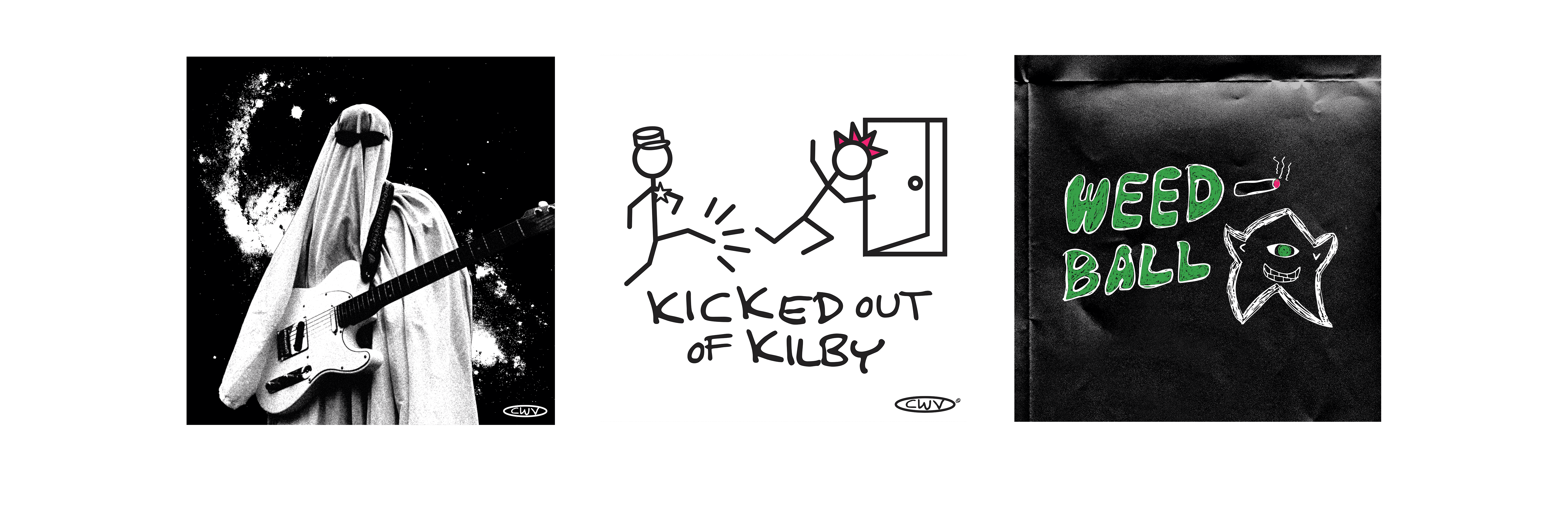 3 flat cover art designs for cold weather venture, used for their music. 1 featuring a black and white ghost on a textured background. 1 featuring 2 stick figures (1 kicking another 1 out a door), and 1 with text saing "weedball" and an illustrated star character and cigarette