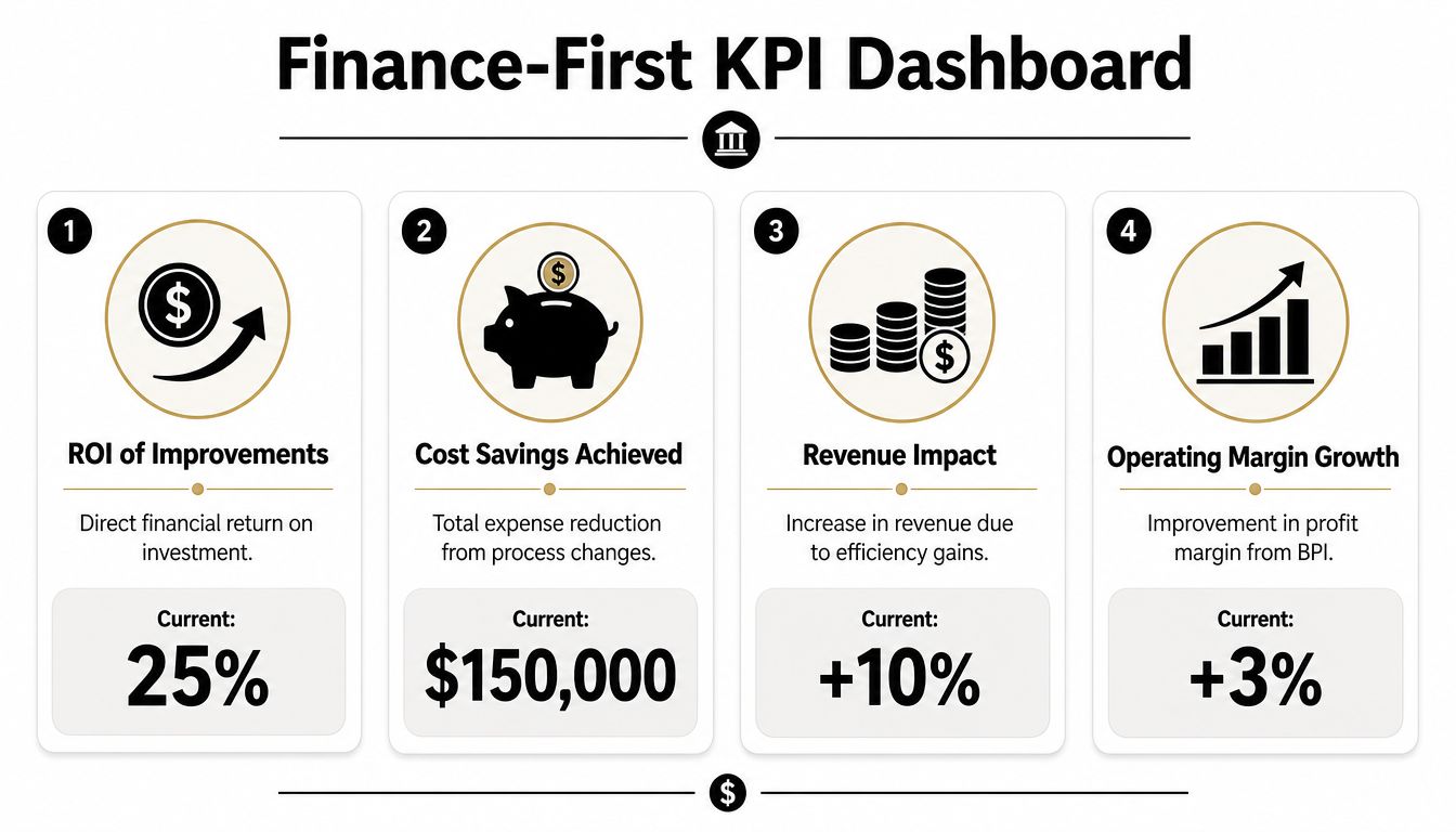 A finance-first KPI dashboard infographic showcasing ROI, cost savings, revenue impact, and operating margin growth statistics.