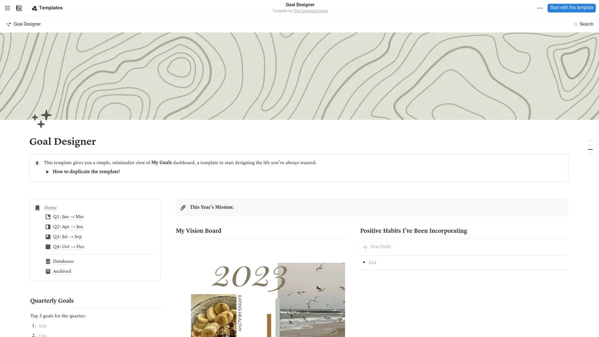 12 Notion Free Templates to Supercharge Your Workflow in 2025 - Goal Designer Dashboard by The Conscious Doing
