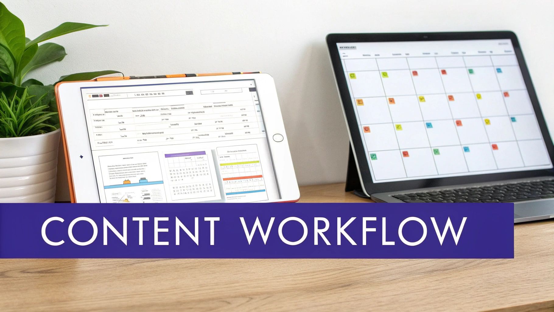 A tablet and laptop on a wooden desk displaying digital content workflow and planning tools.
