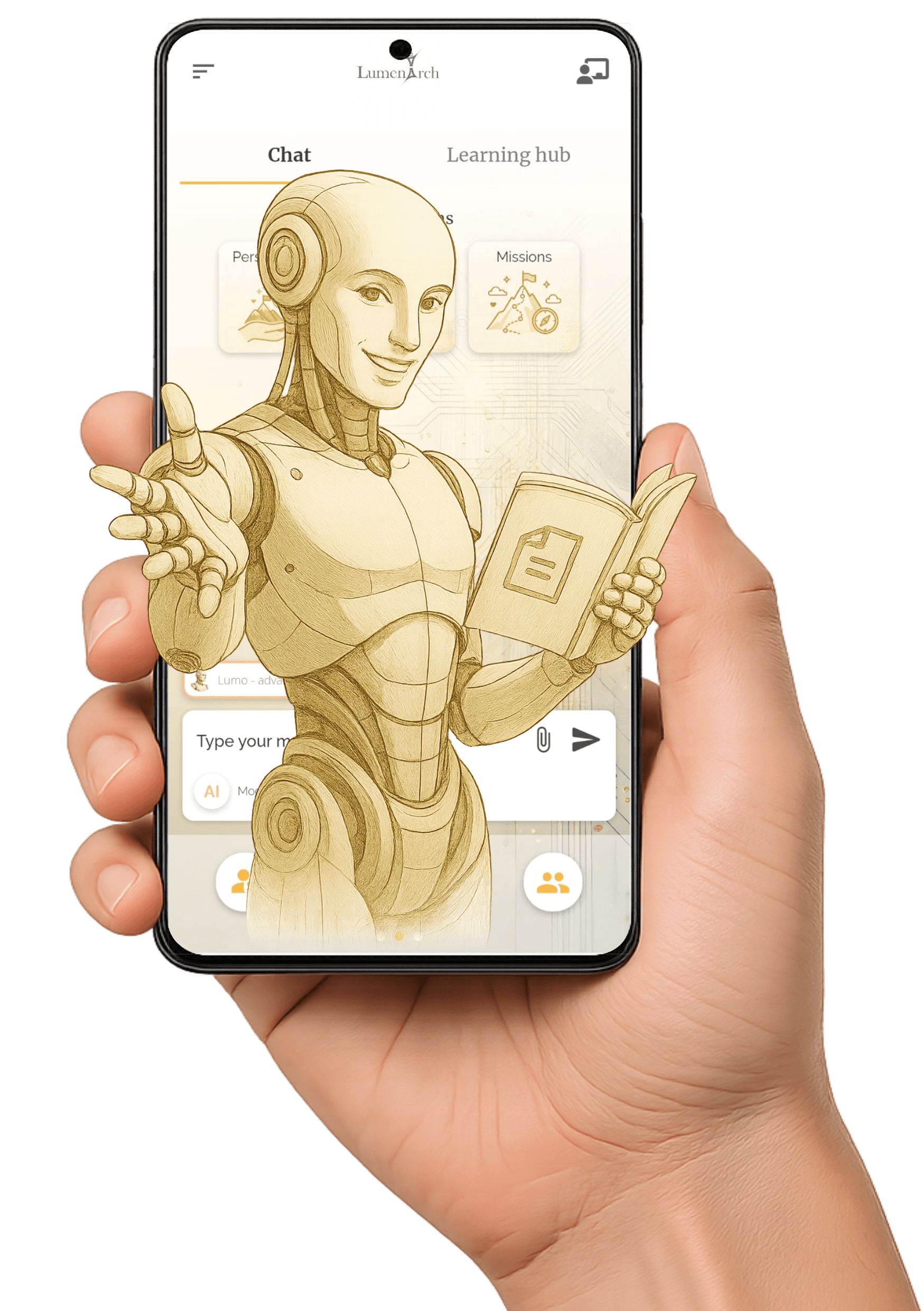 A hand holding a smartphone mockup with a blank screen.