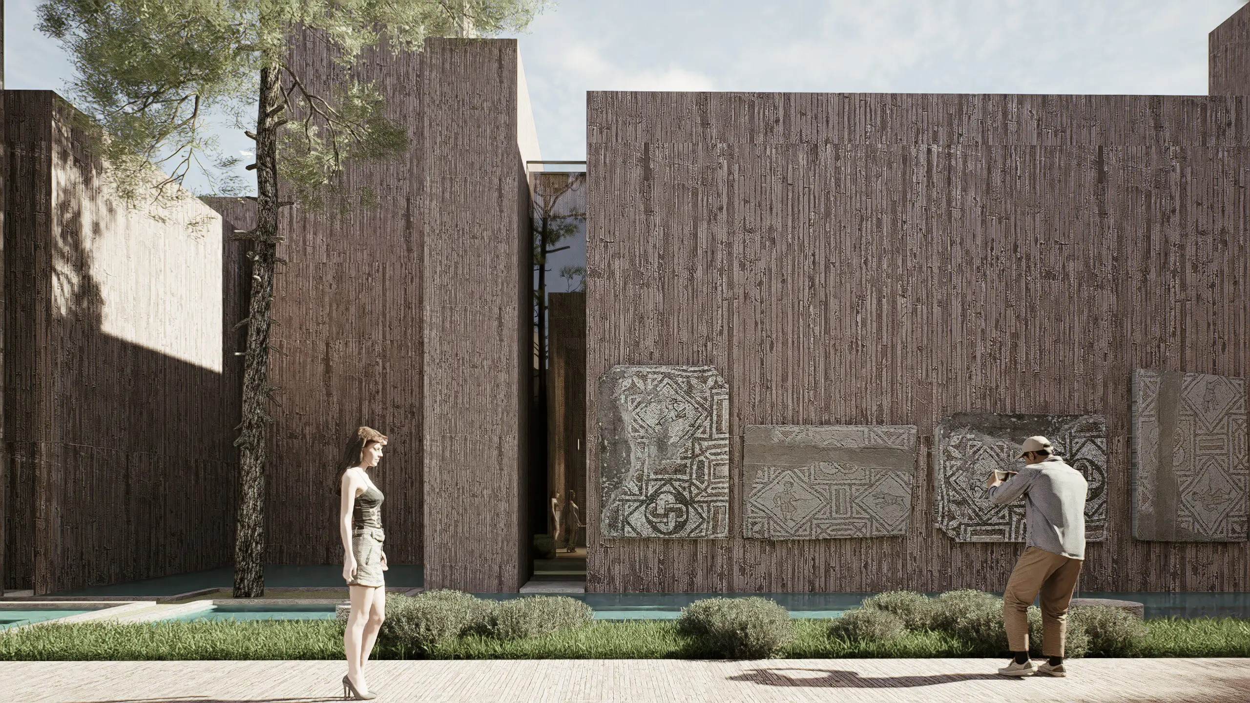 Visitors looking at mosaic panels mounted on an exterior museum wall