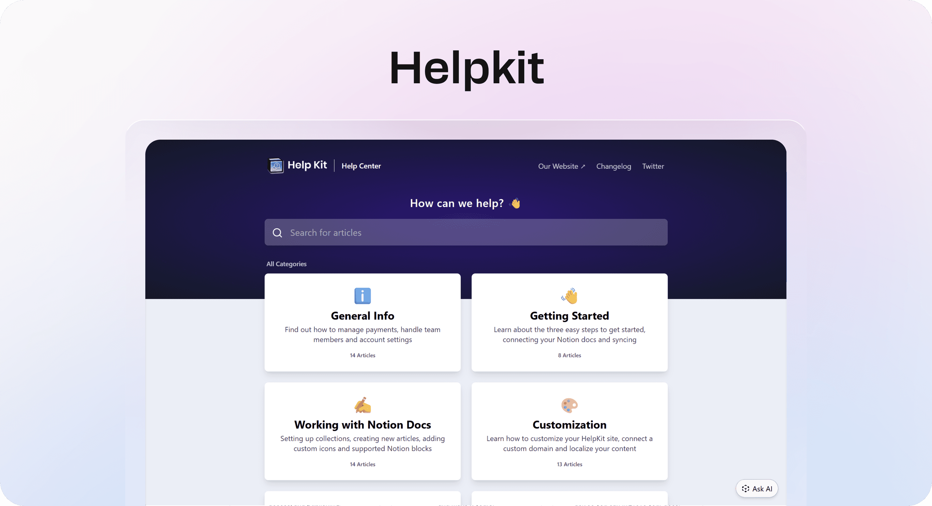 HelpKit help center view with knowledge base search, category navigation, and public article layout.