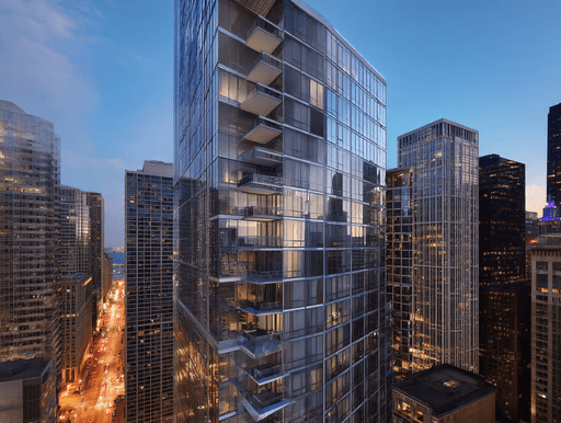 Modern glass skyscraper with cantilevered balconies overlooking a glowing city street.