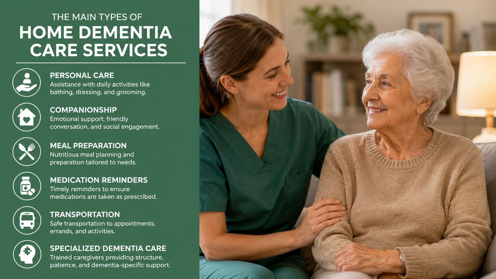 A smiling caregiver sits with an elderly woman, providing support for home-based dementia care services.