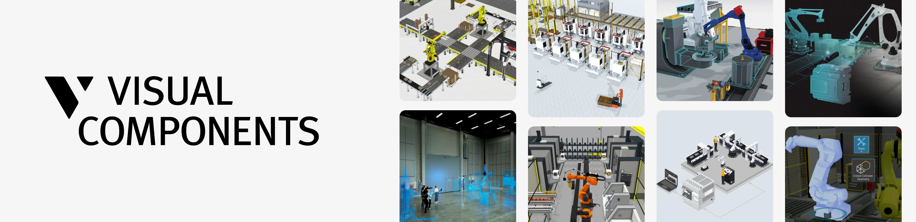 Visual Components logo beside 3D simulations of production lines, robot cells and factory layout planning environments.