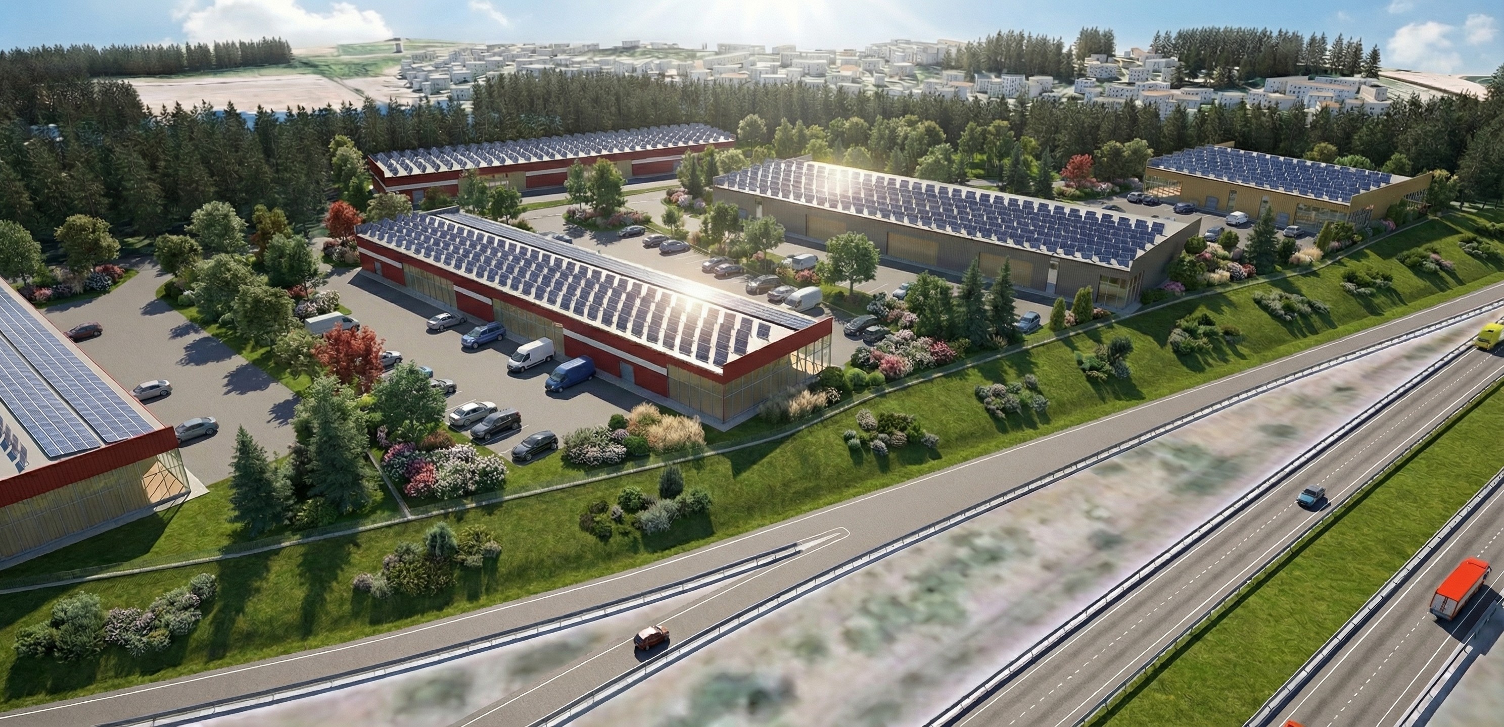 3D-havainnekuva suunnitellusta Green Park yritysalueesta valmiine toimitiloineen ja tiestöineen