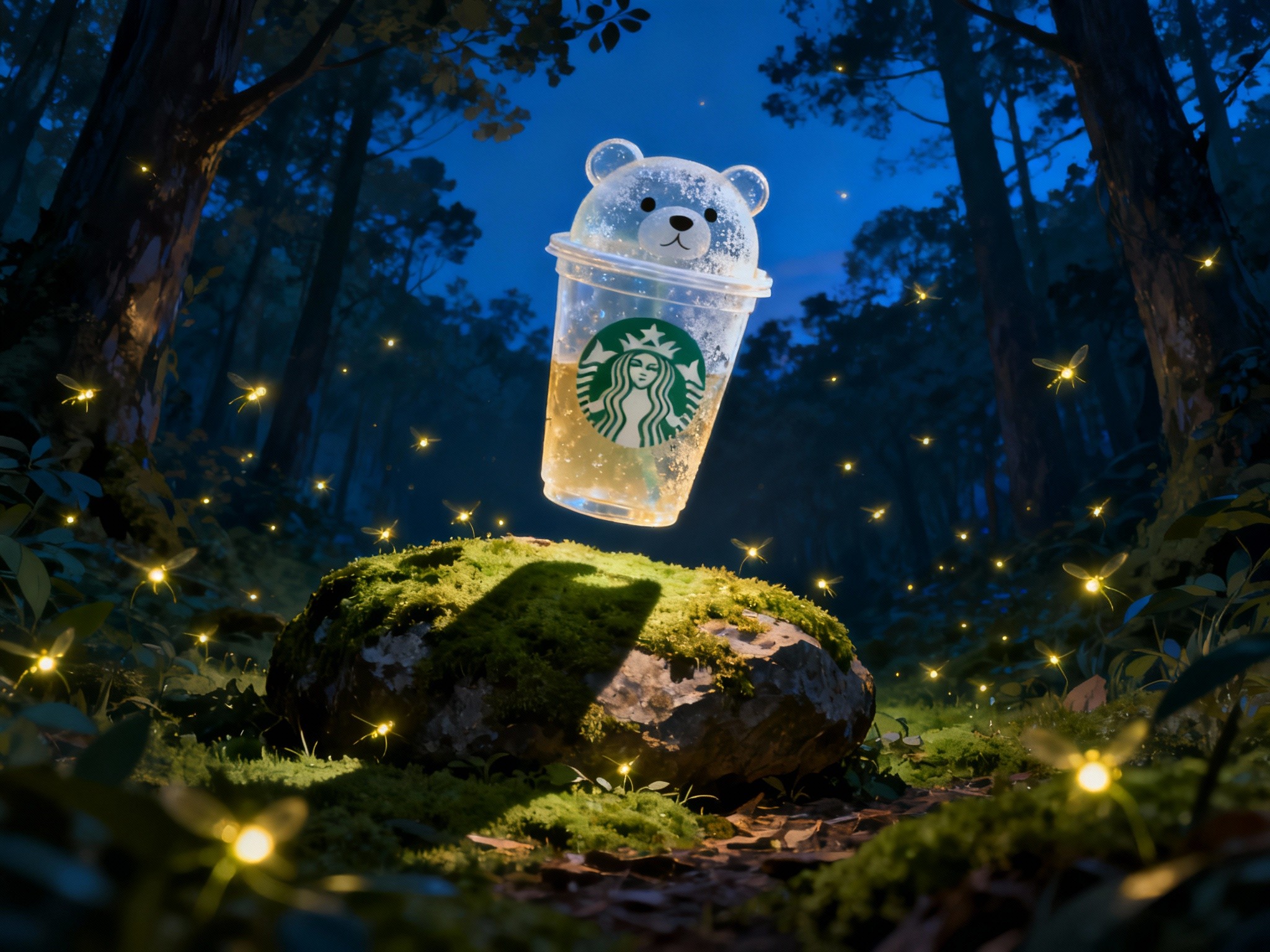 An expansive fine-art illustration of a whimsical forest clearing at dusk, where a large