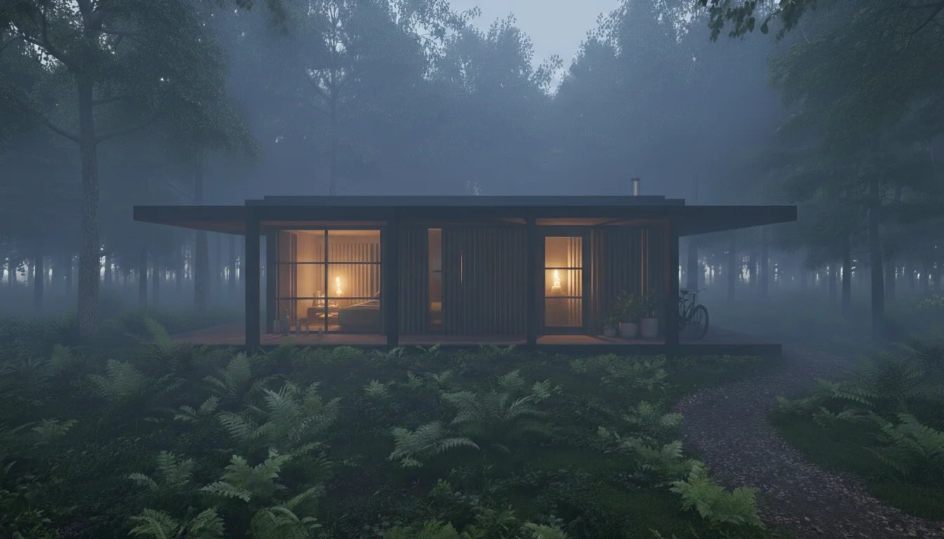 Rendu architectural du Megyma Copacabanon intégré dans un paysage boisé, ambiance brumeuse