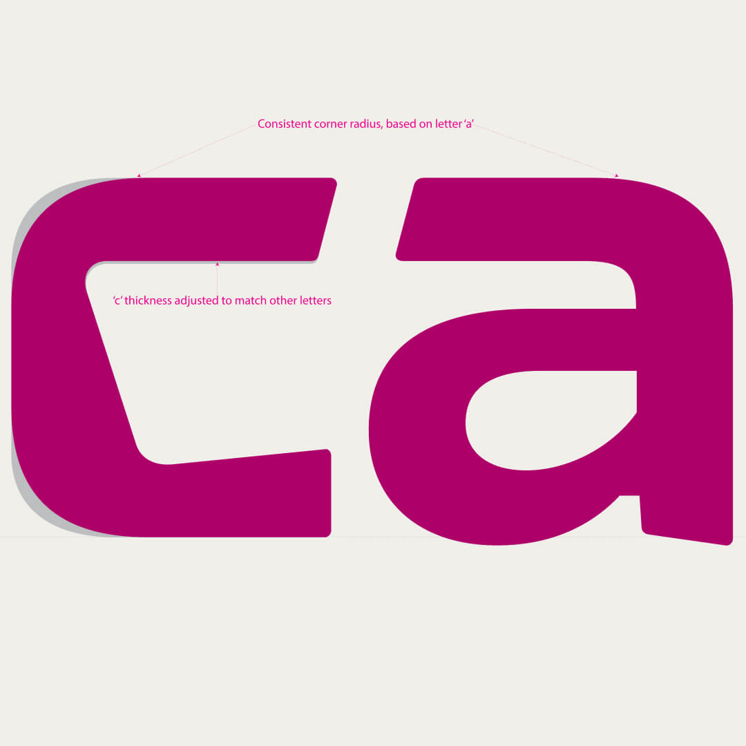 Captura logo construction detail showing letterform adjustments — corner radius consistency, stroke thickness matching, and angle alignment across the wordmark.