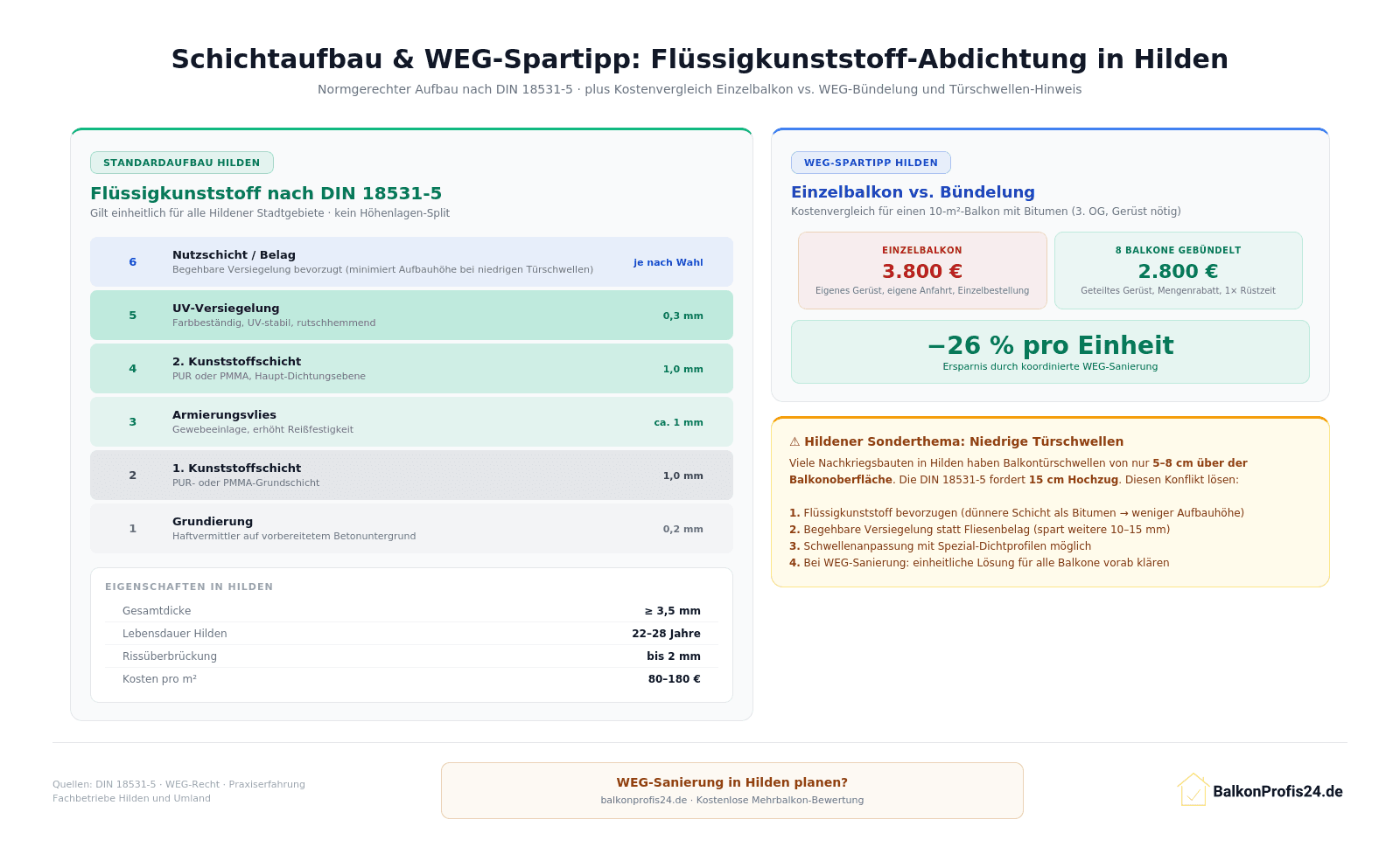Infografik: Flüssigkunststoff-Schichtaufbau nach DIN 18531-5 für Hilden (22–28 Jahre, 80–180 €/m²) plus WEG-Spartipp – Einzelbalkon 3.800 € vs. 8 Balkone gebündelt 2.800 € (−26 %). Sonderthema: Niedrige Türschwellen (5–8 cm) bei Nachkriegsbauten mit 4 Lösungsansätzen.