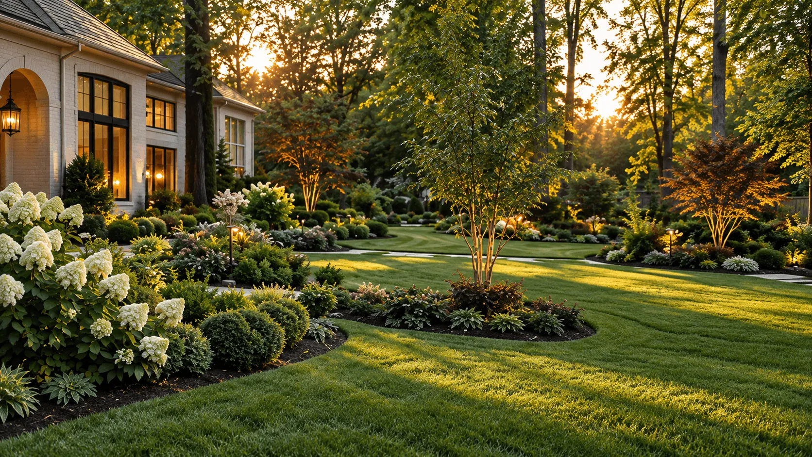 Linkhorn Bay Garden in Virginia Beach: curving lawn edged with hydrangeas and young trees at golden hour