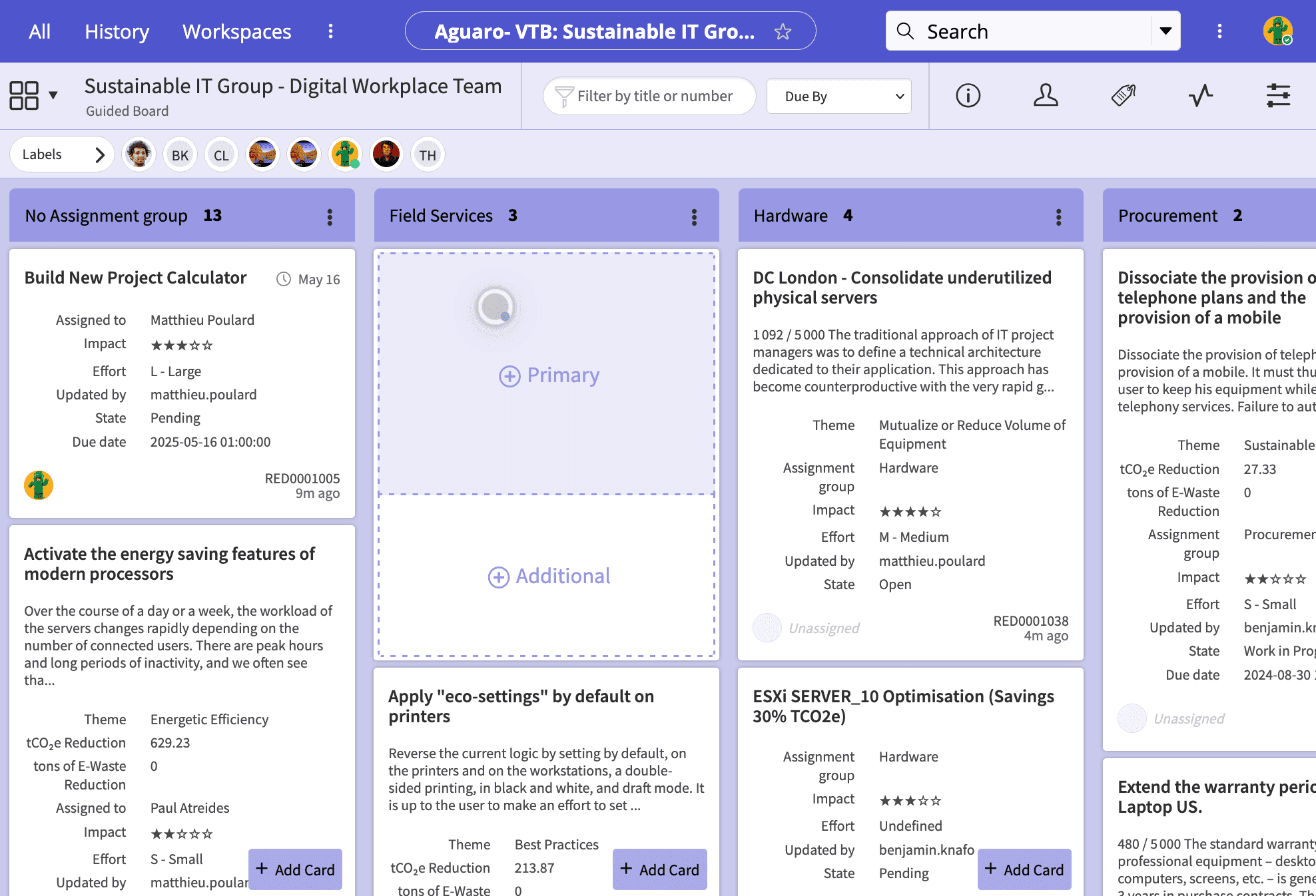 Screenshot of a quantified visual task board in the Aguaro platform. Tasks are organized in columns by assignment group, with visual indicators for impact, effort, state, and due date. Each card includes a title, description, environmental metrics (e.g., tCO₂e reduction), and assignment details.