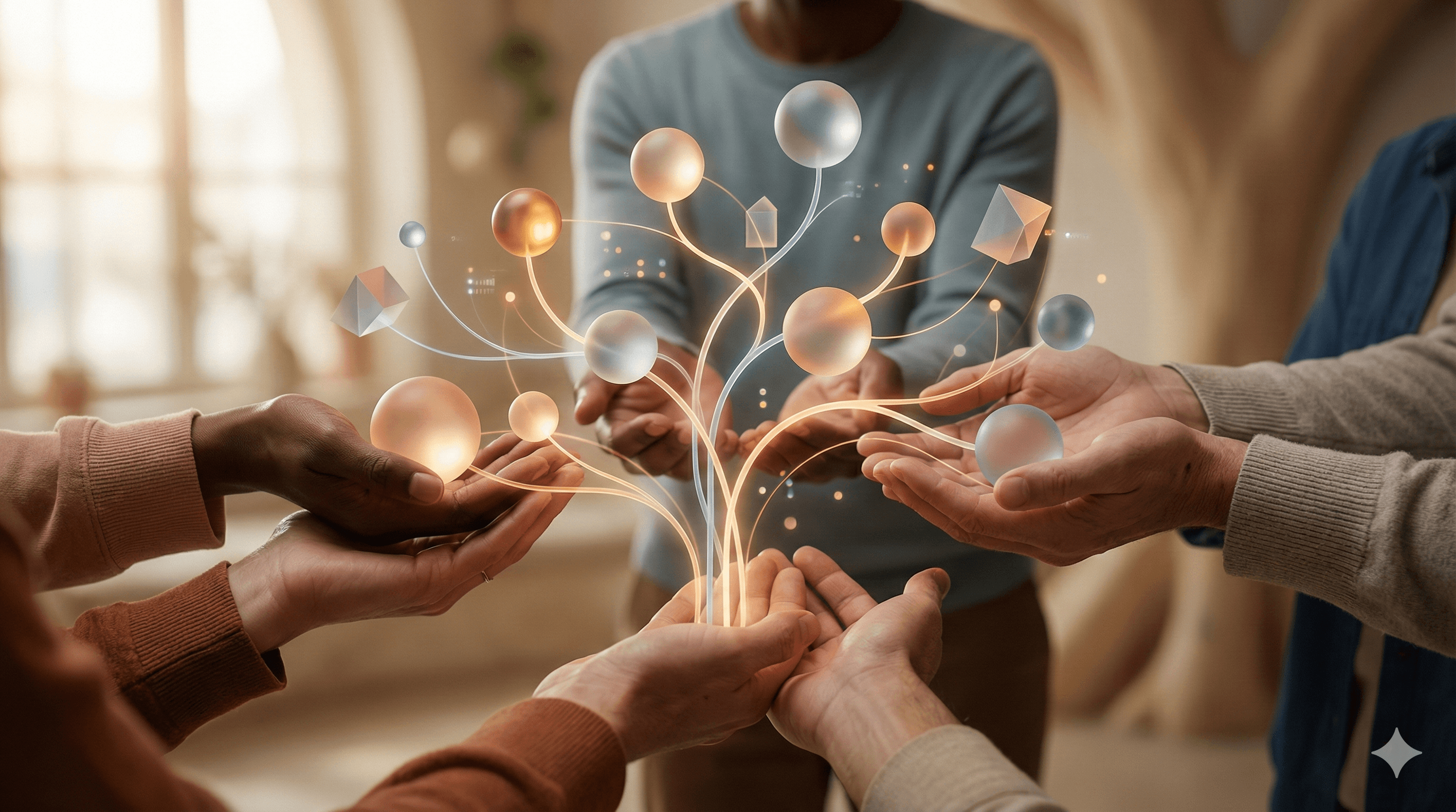 Four individuals hold a glowing, abstract digital tree of spheres and geometric shapes, symbolizing innovation and collaboration, reflecting concepts related to the OpenAI Foundation.