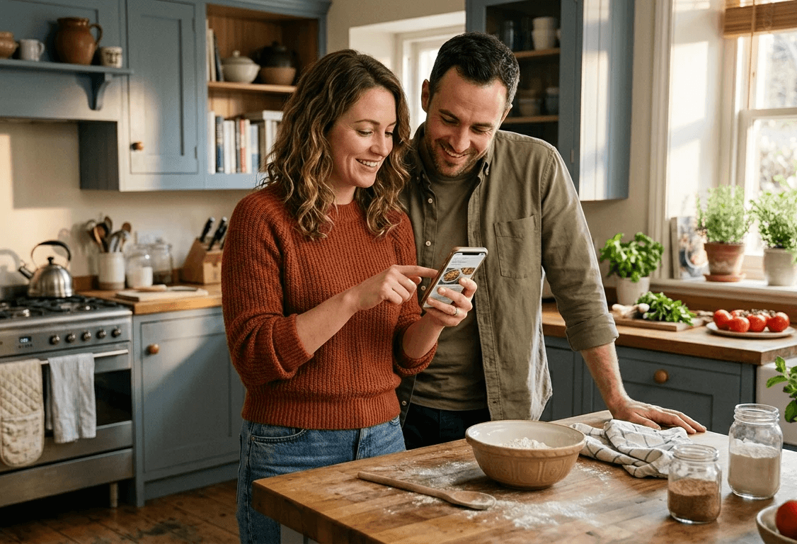 A couple reviewing a shared family schedule together in their kitchen, illustrating what genuine task ownership looks like in practice.