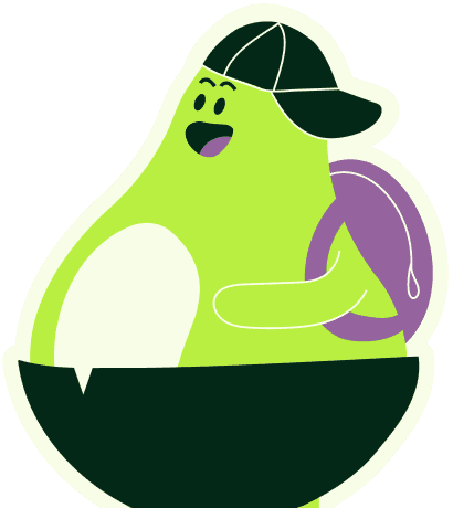Playful character with a backpack and a cap, expressing happiness and enthusiasm.