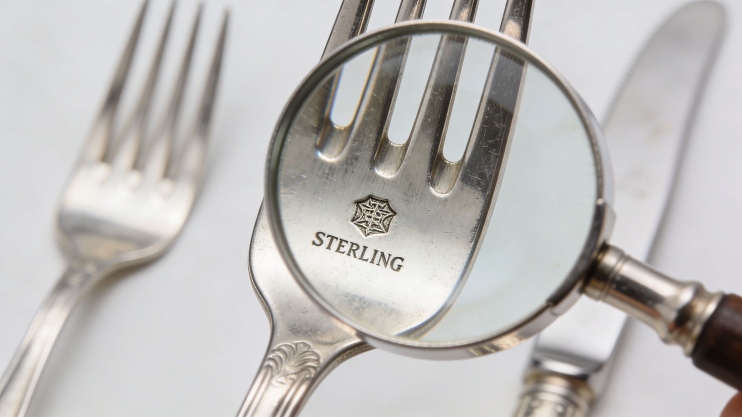 A magnifying glass inspecting a sterling silver fork mark to determine its value for selling silver flatware.