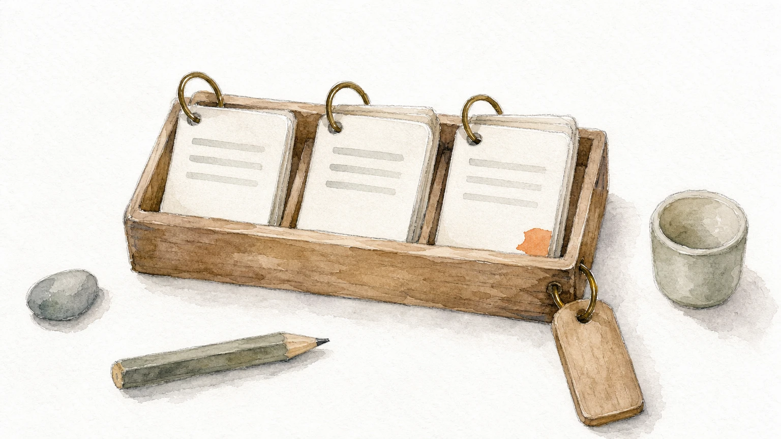 Three index cards sorted in a wooden tray, held together by a brass key ring, with a wooden tag hanging nearby.