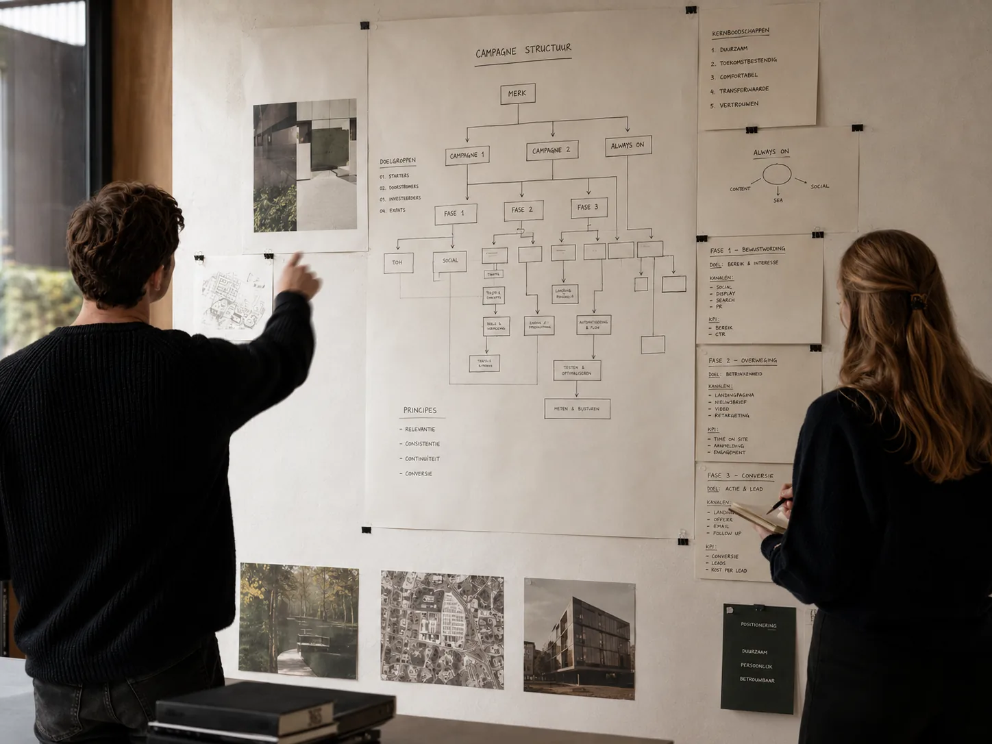Twee designers bekijken wireframes en diagrammen op een moodboard aan de muur