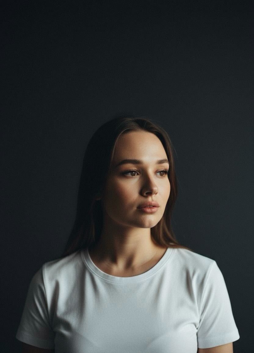 Portrait of a woman with straight long hair, in a dark t-shirt, set against a neutral backdrop.
