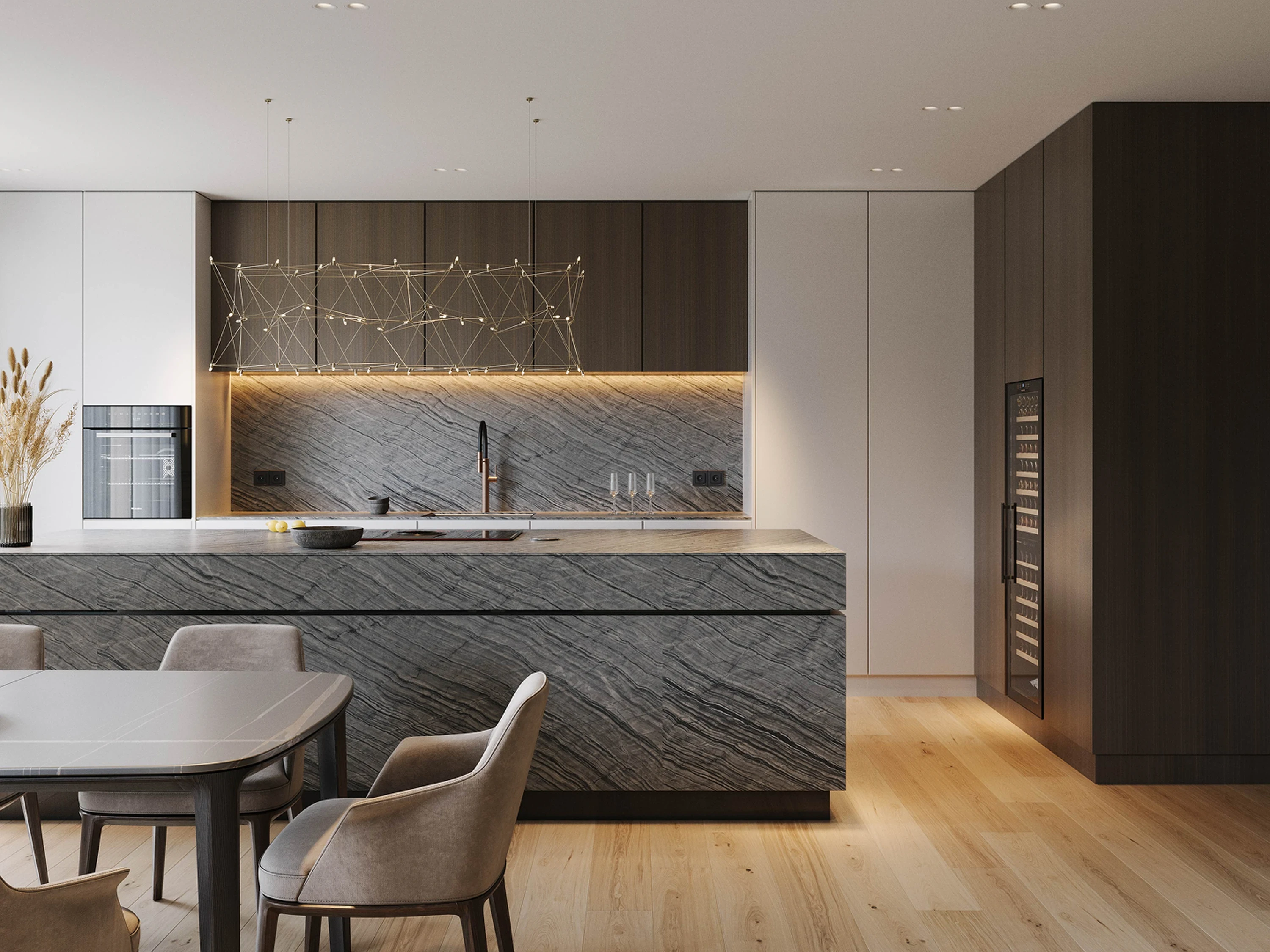 Cuisine — crédence minérale et éclairage sous meuble.