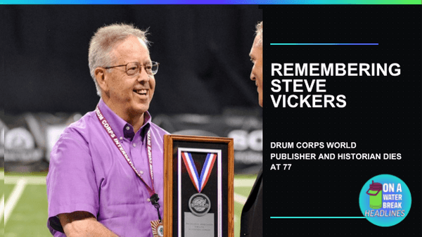 Steve Vickers being recognized on the field at the 2013 DCI World Championships, used in OAWB’s remembrance of the Drum Corps World publisher.