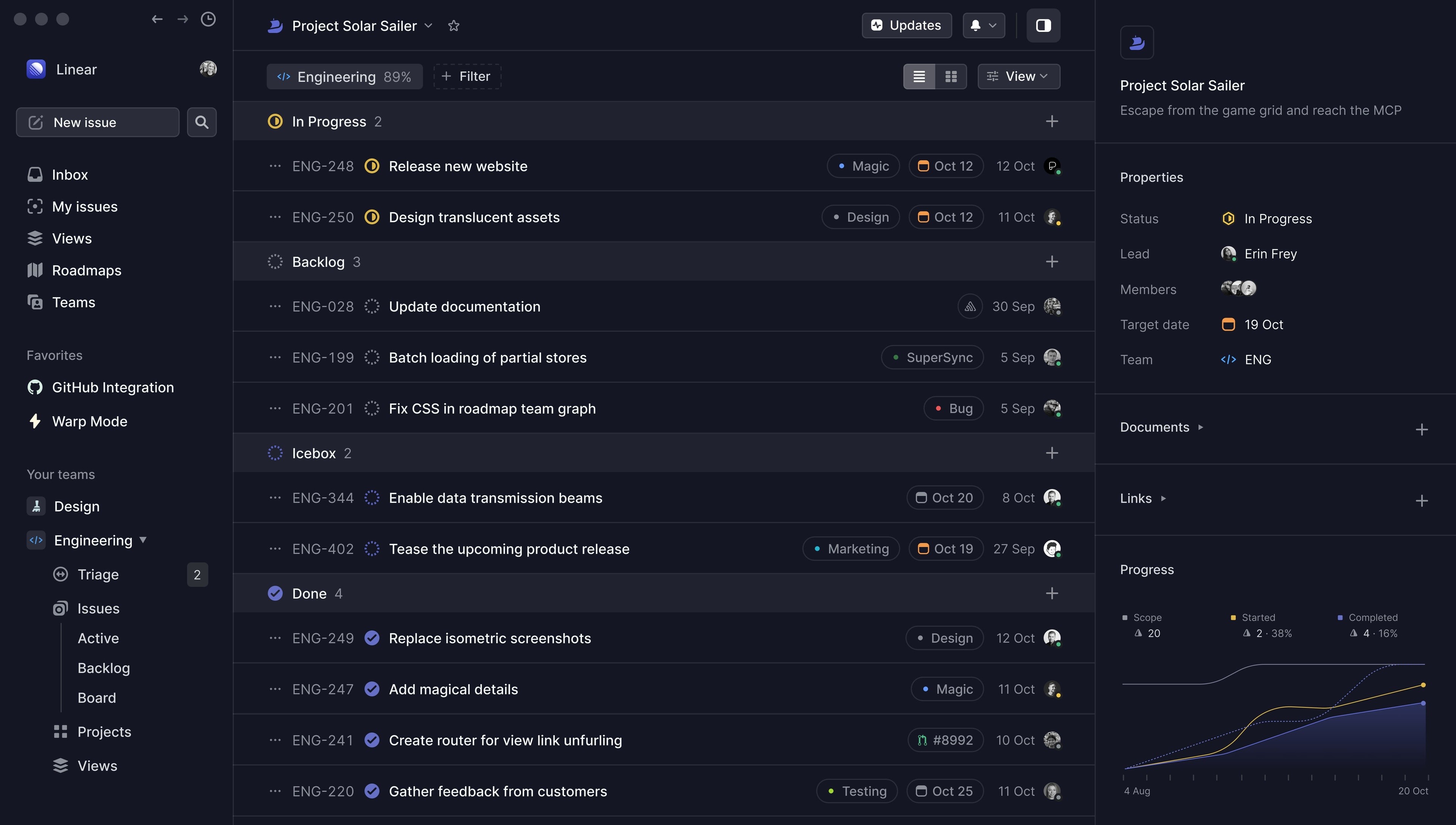 Screenshot of the Linear app showing the sidebar for the Encom workspace and a few of their projects in the roadmap.