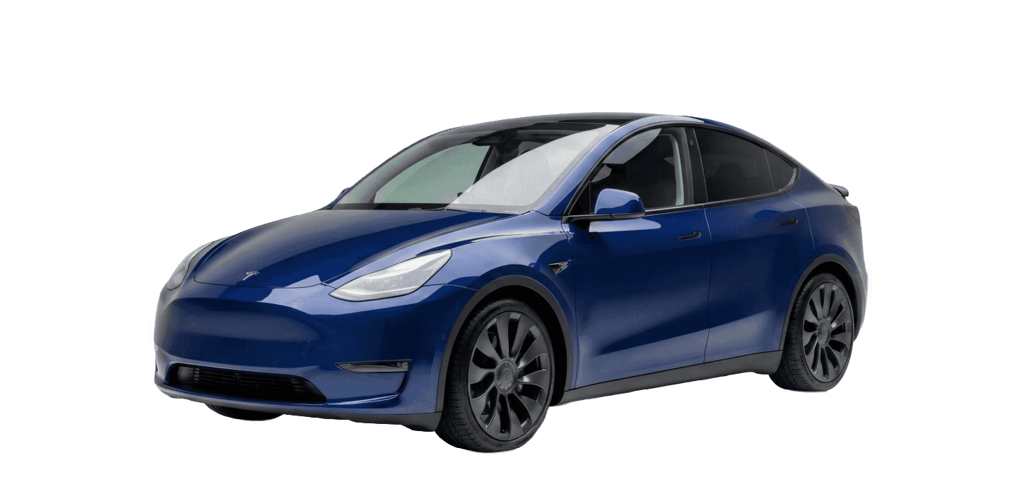 A blue electric car parked, showcasing a sleek, modern design with glossy finish and stylish wheels.