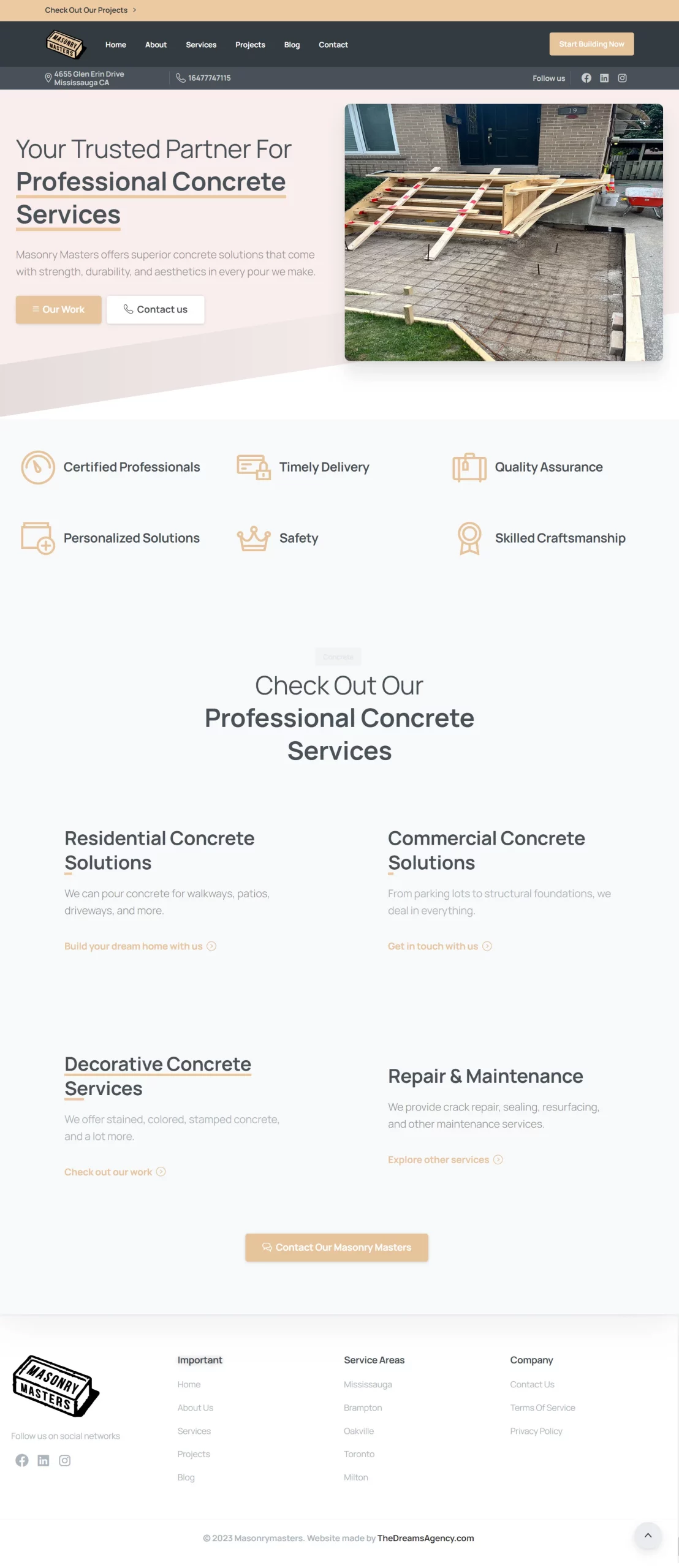 services concrete page for masonrymasters website developed & designed by Dreams Agency Mississauga, Ontario