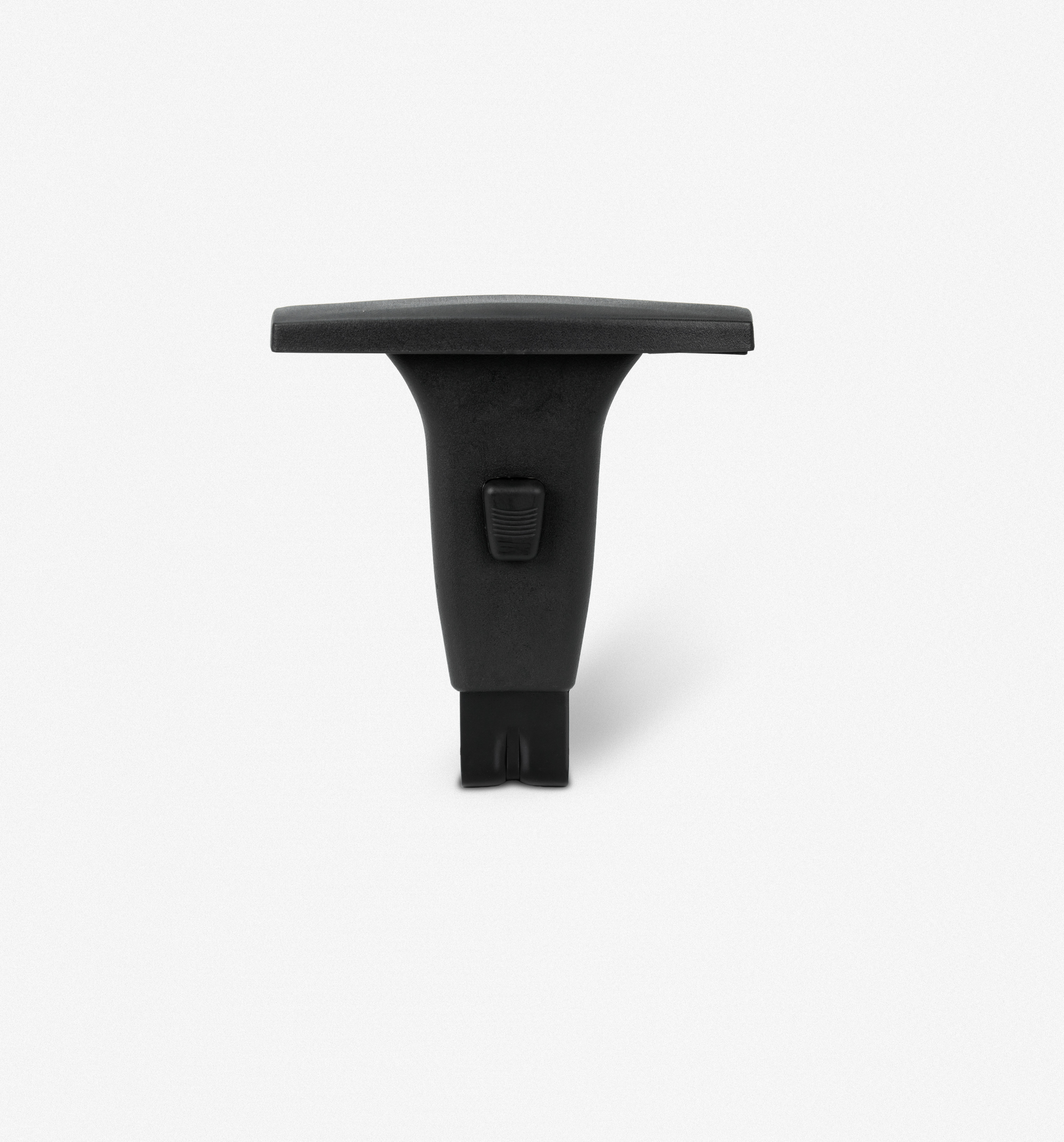 A simple black plastic T-shaped object, likely used as a connector or support in various applications. cadeira, braço