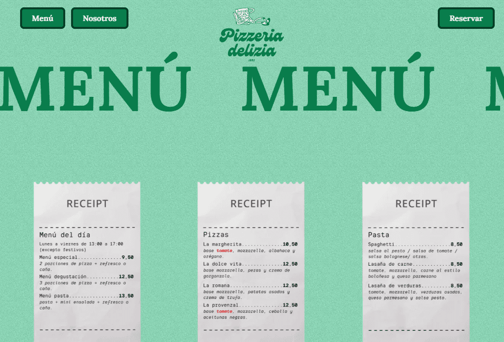 Captura de pantalla de la página web Pizzería Delizia