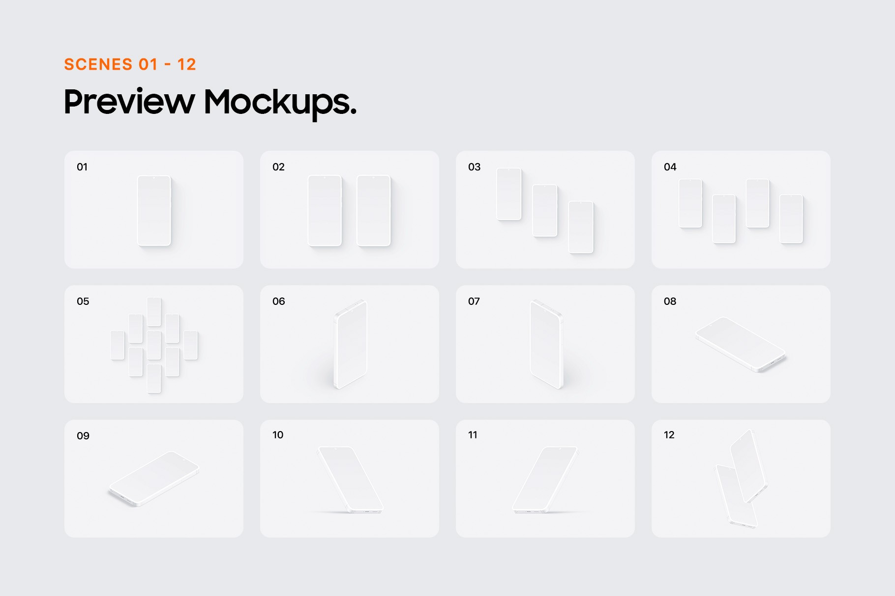Overview grid of clay-style phone mockups in various positions and angles, suitable for app showcases and design previews.