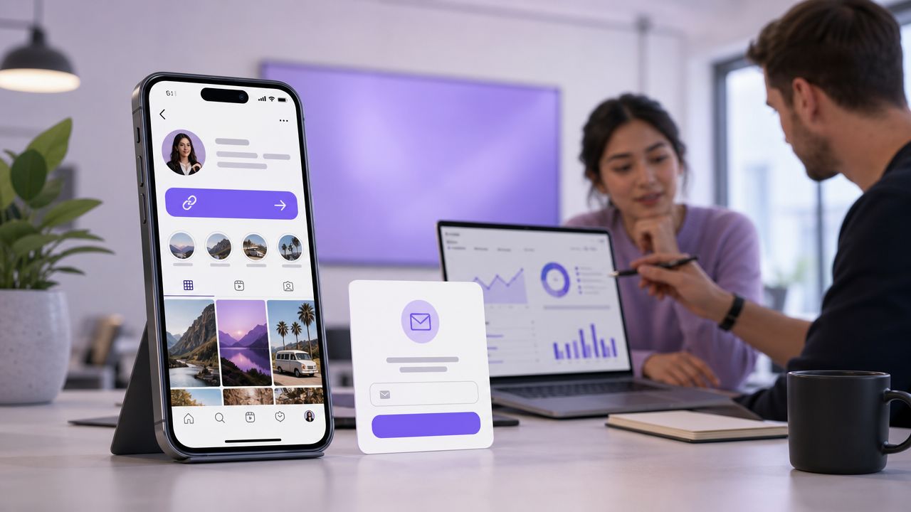 A smartphone displaying an Instagram profile mockup next to a business email capture form on a desk.