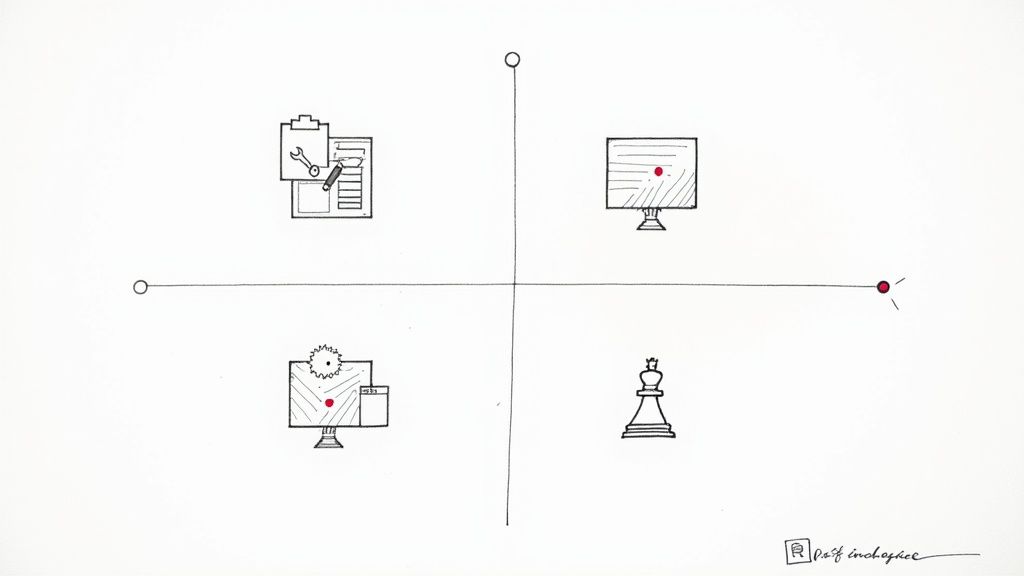 A diagram with a 2x2 matrix showing tools, a focused monitor, a process monitor, and a chess king.
