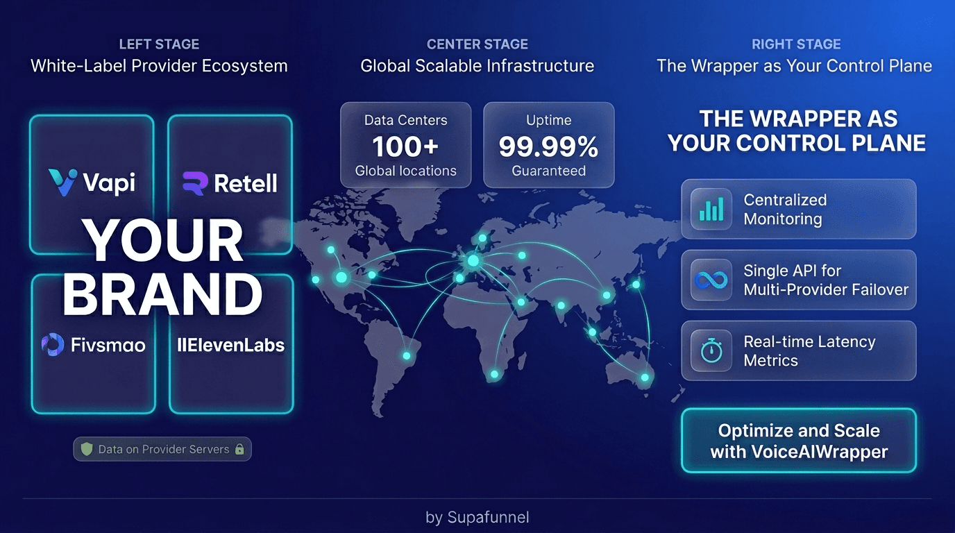 White-label voice AI platform with Vapi, Retell, ElevenLabs providers, 100+ global data centers, 99.99% uptime, and centralized monitoring control plane | VoiceAIWrapper.