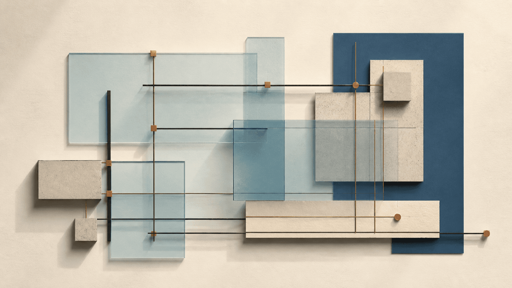 Wall-mounted architectural composition of pale blue glass, stone blocks, structural blue planes, and metal connectors.