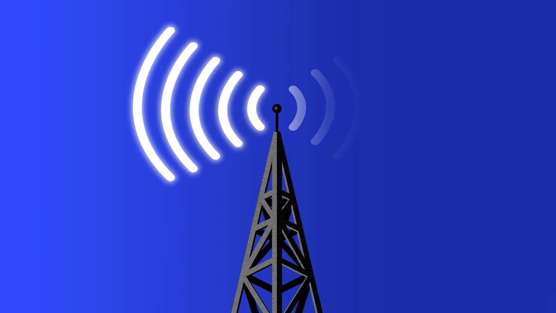 Graphic illustration of white radio signals emitting from a cell tower against a plain blue background.